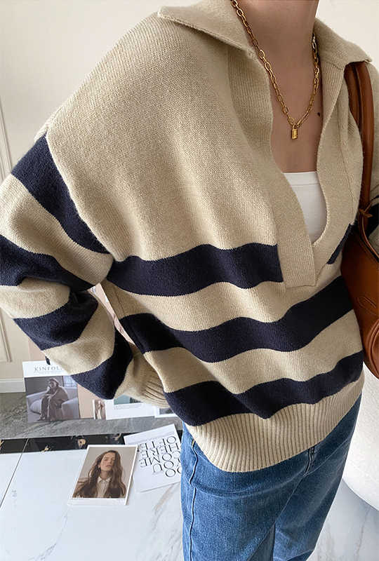 Preppy Striped V-neck Knit Top - Image 4
