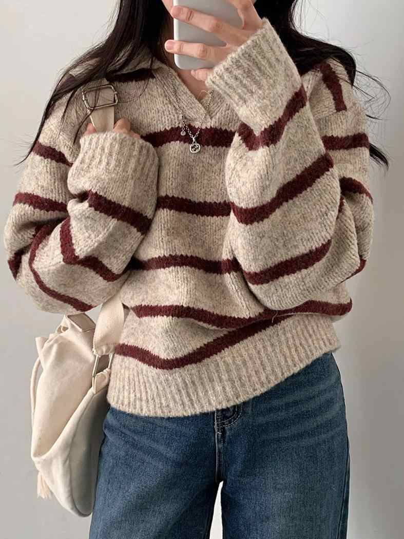 Preppy Striped V-neck Sweater - Image 3