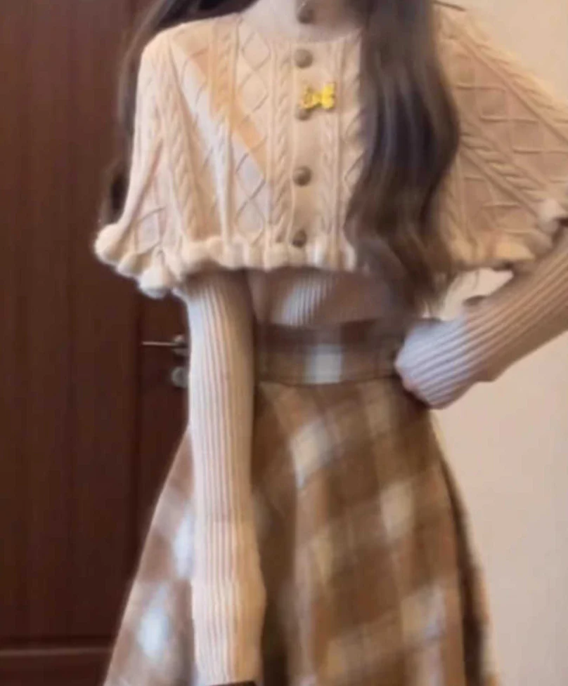 Preppy Sweater Cape Top Plaid Skirt Set - Image 2