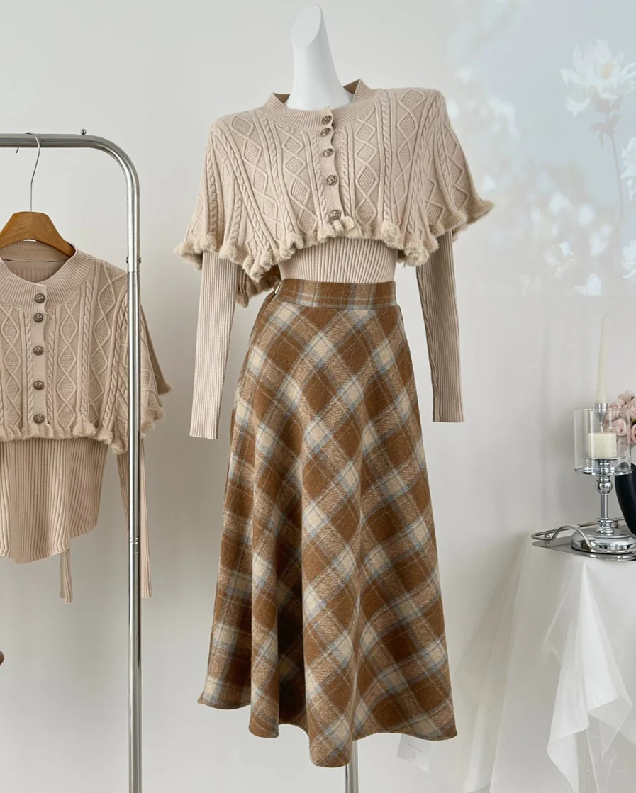 Preppy Sweater Cape Top Plaid Skirt Set - Image 4