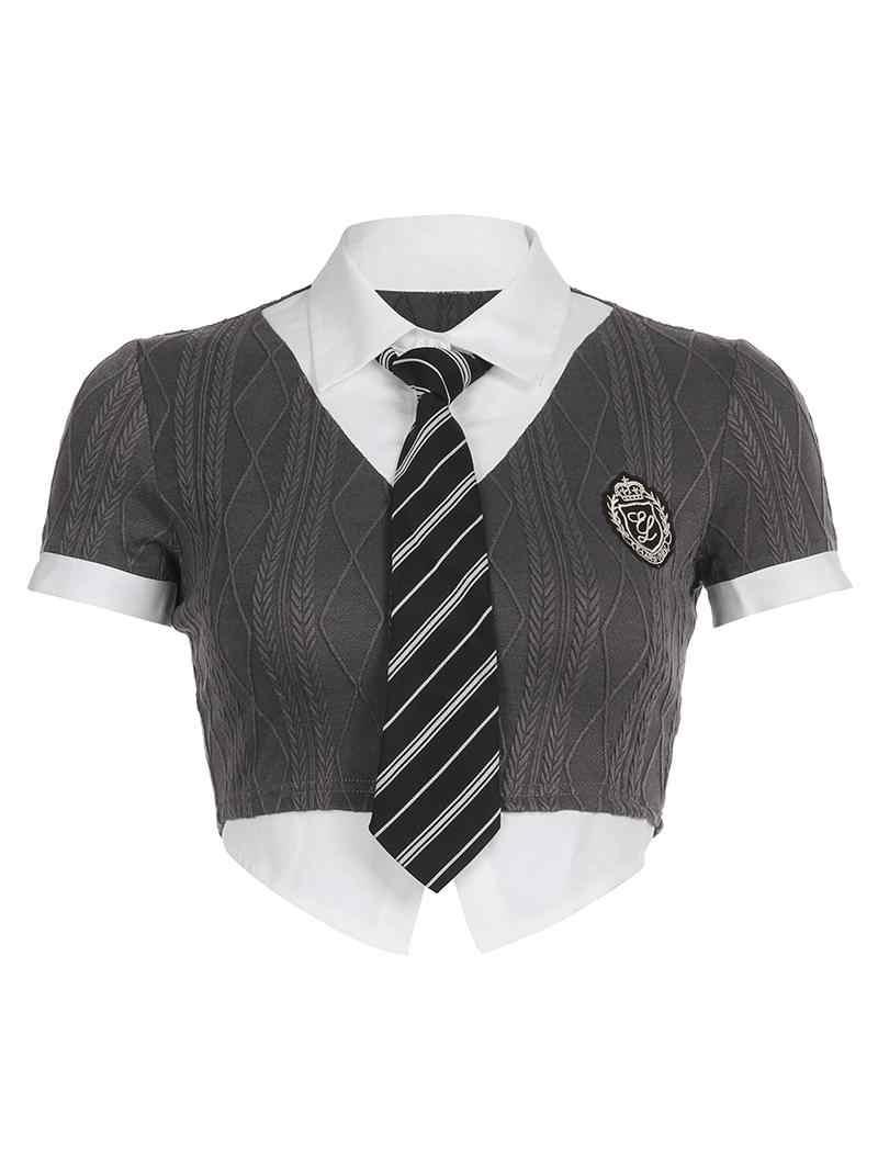 Preppy Tie Fake Two-piece T-shirt - Image 4