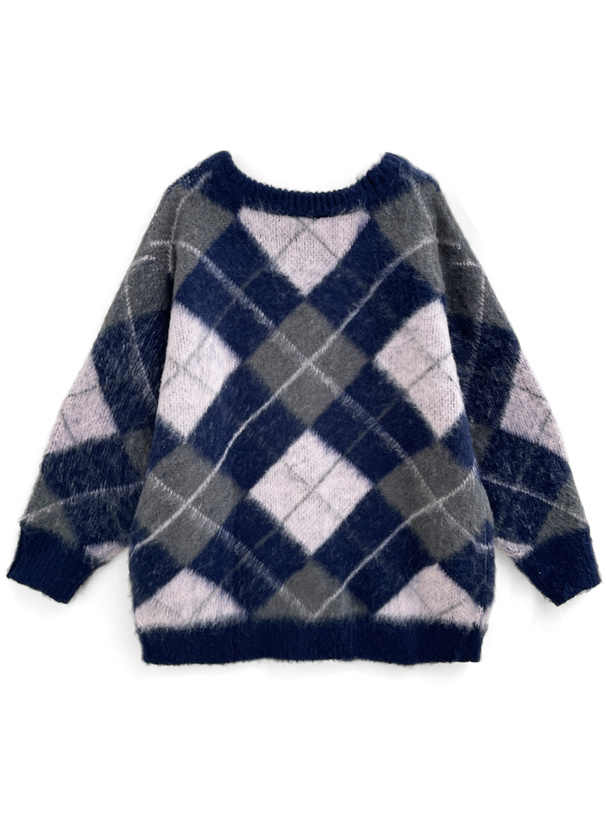 Preppy V-neck Plaid Knitted Cardigan - Image 3