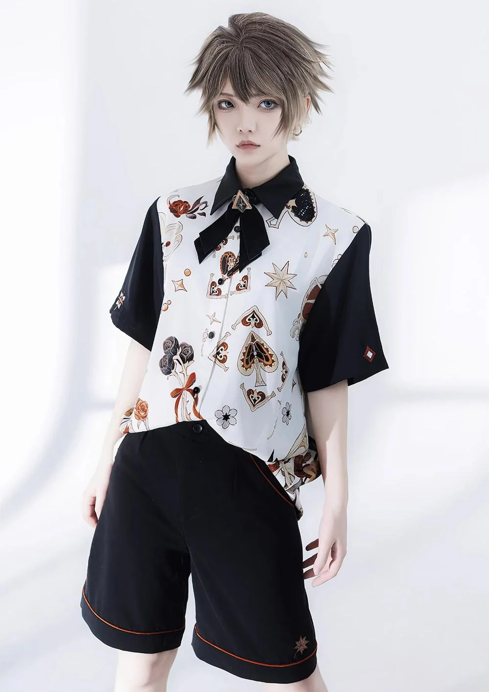 Retro Ouji Lolita Shirt Floral Short Sleeve Shirt and Embroidered Black Shorts
