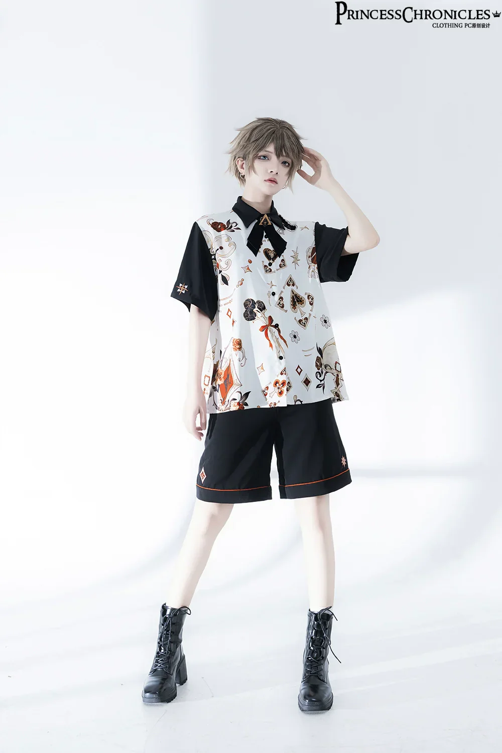 Retro Ouji Lolita Shirt Floral Short Sleeve Shirt and Embroidered Black Shorts - Image 2