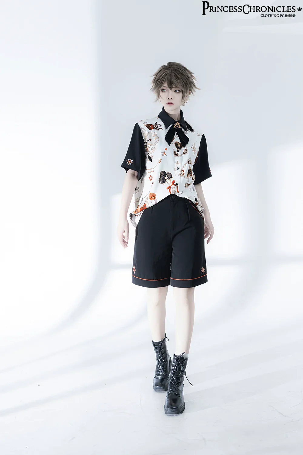 Retro Ouji Lolita Shirt Floral Short Sleeve Shirt and Embroidered Black Shorts - Image 3
