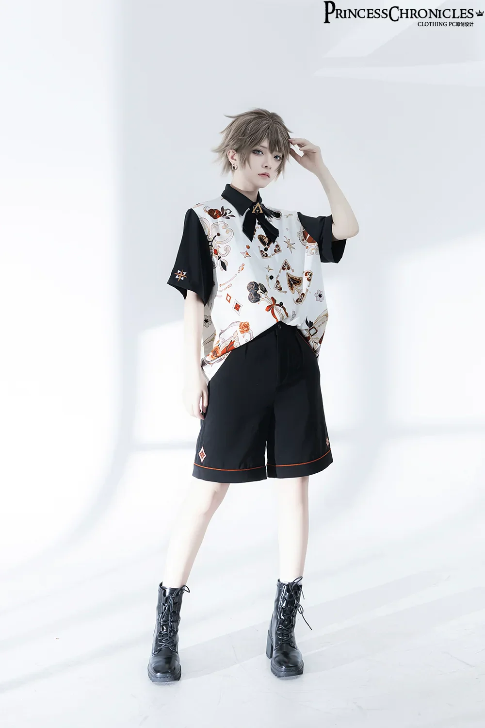 Retro Ouji Lolita Shirt Floral Short Sleeve Shirt and Embroidered Black Shorts - Image 4