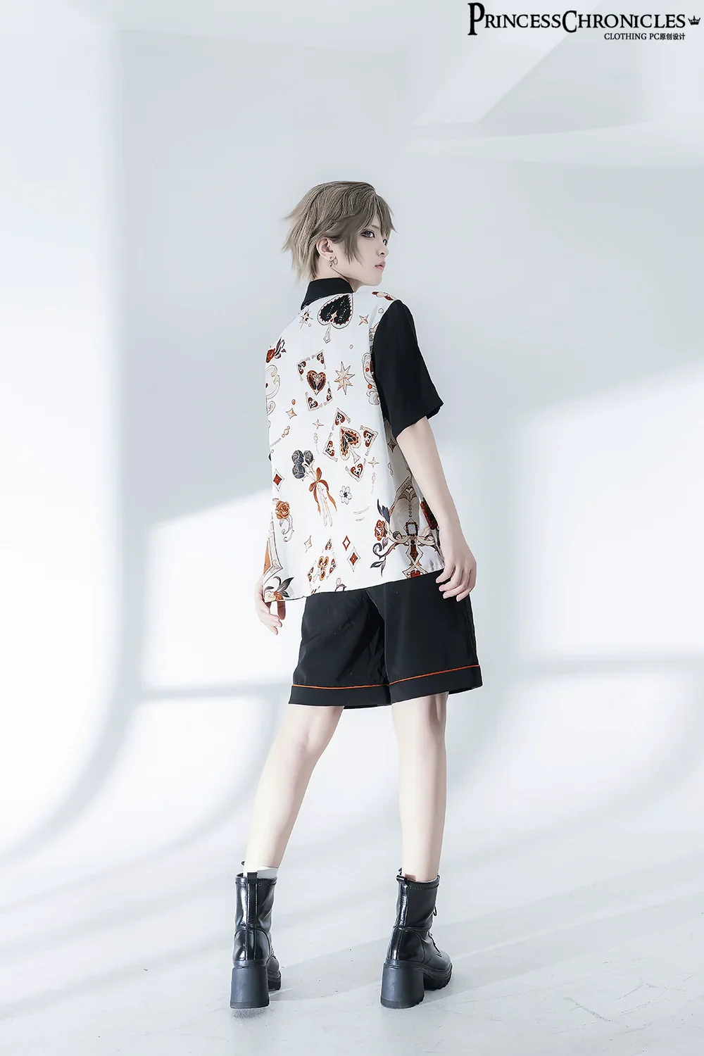 Retro Ouji Lolita Shirt Floral Short Sleeve Shirt and Embroidered Black Shorts - Image 5