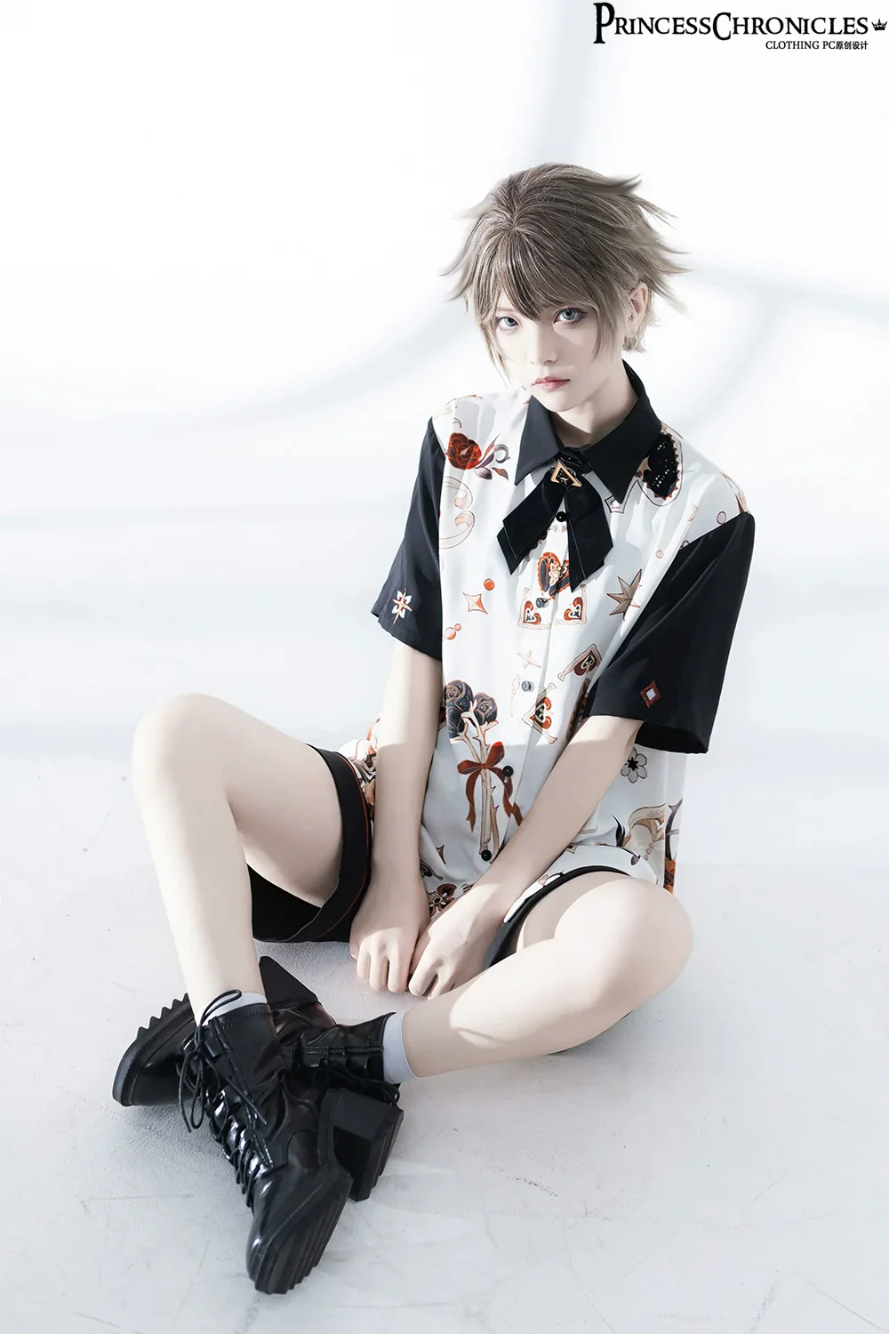 Retro Ouji Lolita Shirt Floral Short Sleeve Shirt and Embroidered Black Shorts - Image 6