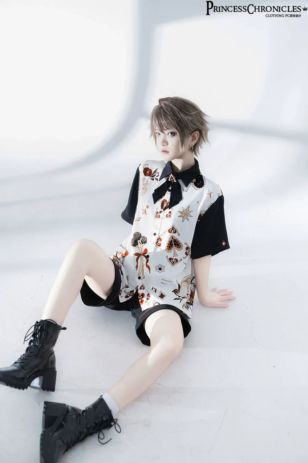 Retro Ouji Lolita Shirt Floral Short Sleeve Shirt and Embroidered Black Shorts - Image 7