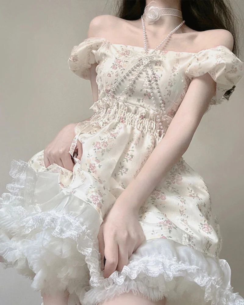 Princess Puff Sleeves Tutu Floral Mini Floral Dress