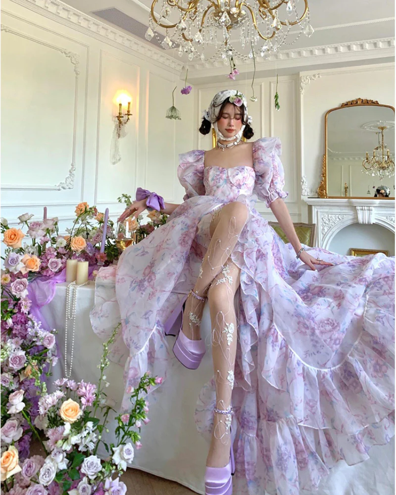 Prom Puff Sleeve Fairy Princess Floral Dress - Image 3