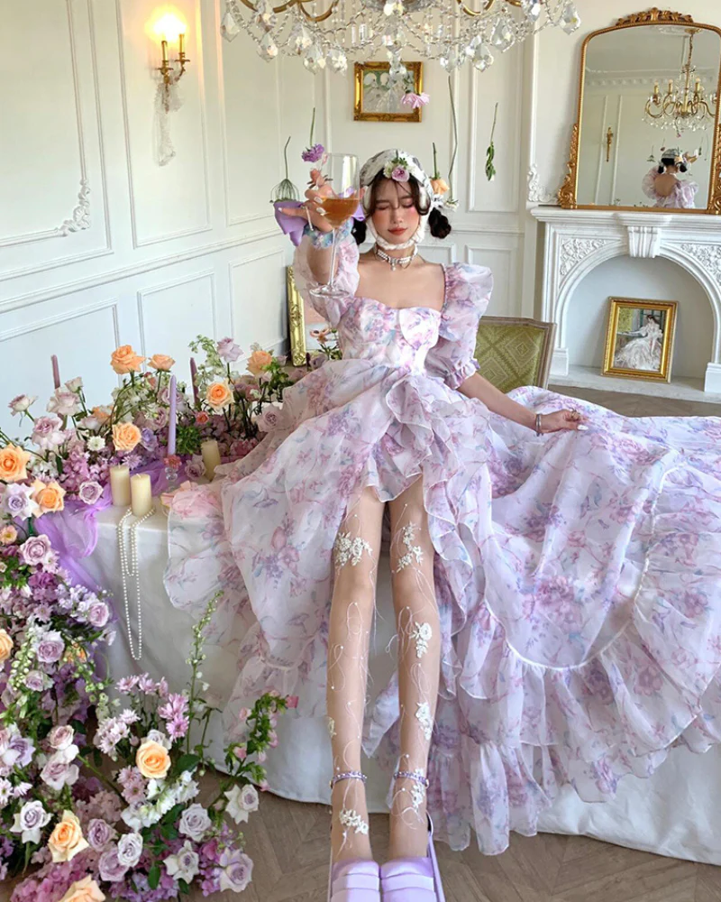 Prom Puff Sleeve Fairy Princess Floral Dress - Image 4