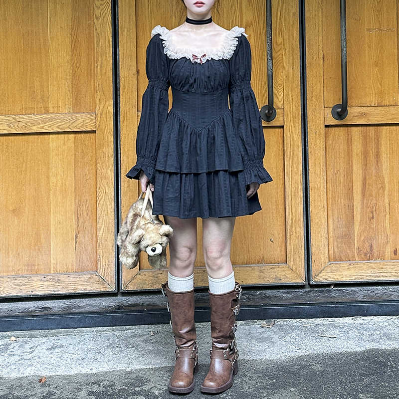 Puff Sleeves Dark Coquette Dress - Image 3