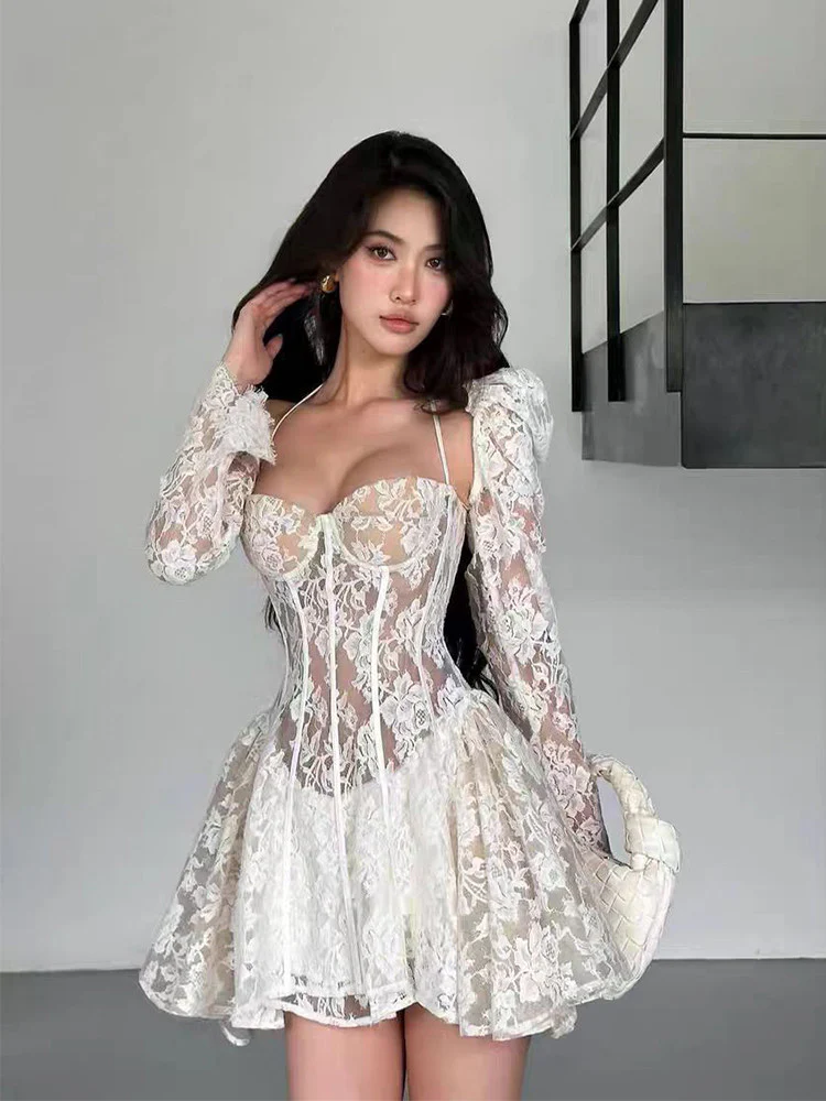 puff sleeves lace corset dress - Image 2