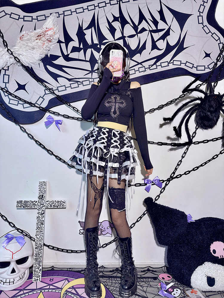 Punk Ribbon Lace Stitching Cake Skirt - Image 3