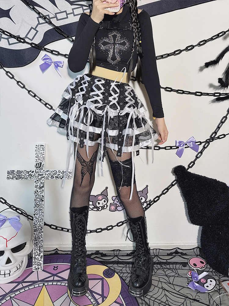 Punk Ribbon Lace Stitching Cake Skirt - Image 4
