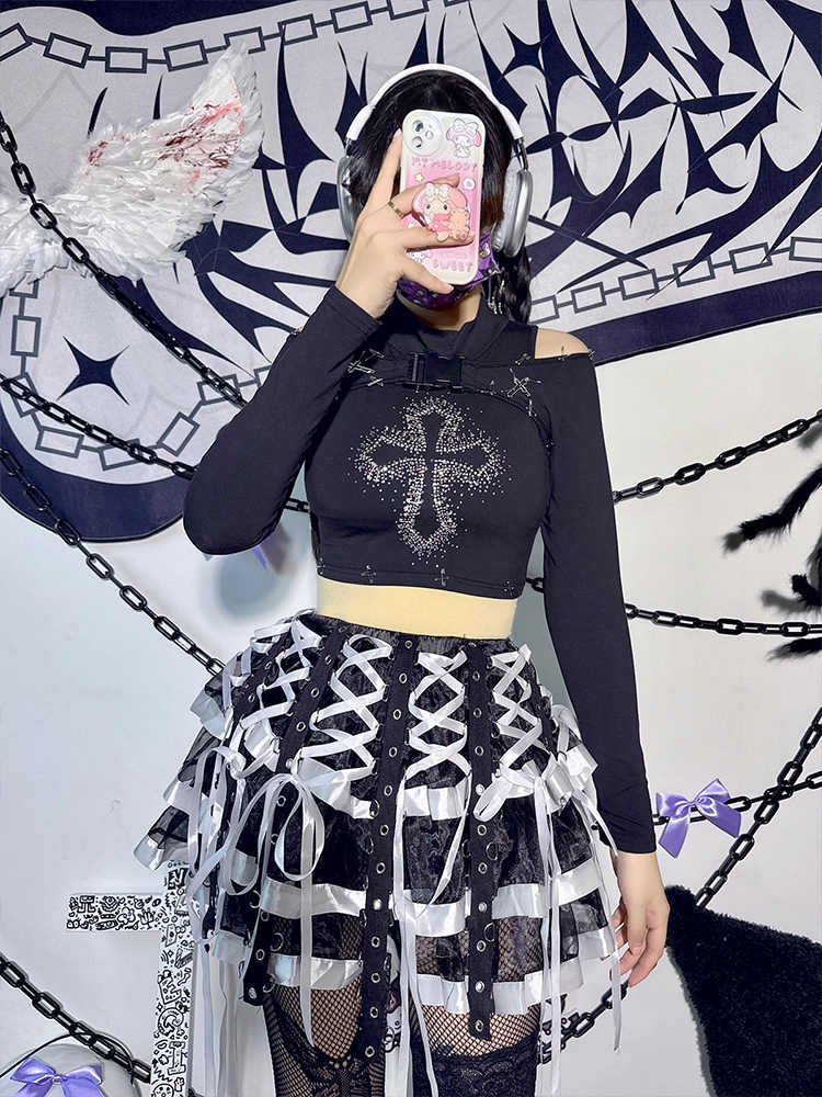 Punk Ribbon Lace Stitching Cake Skirt - Image 5