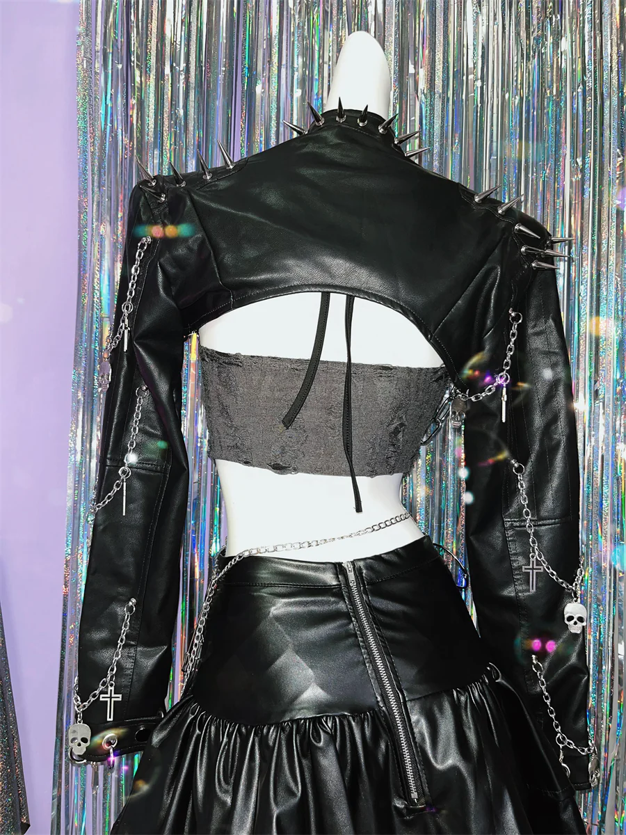 Punk Rivets Leather Jacket - Image 4