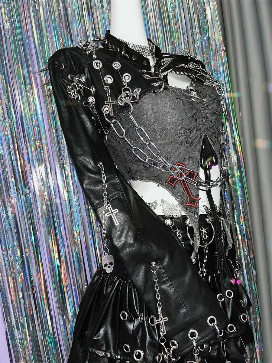 Punk Rivets Leather Jacket - Image 8