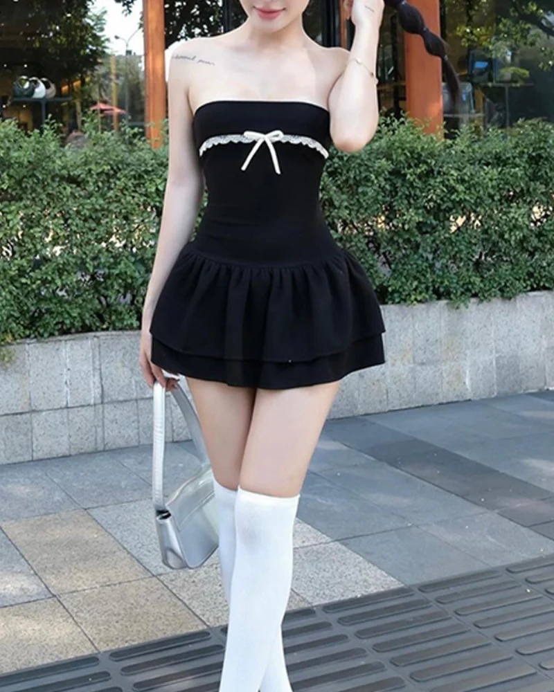 Pure Lust Style Bow Stitching Tube Mini Coquette Dress - Image 2