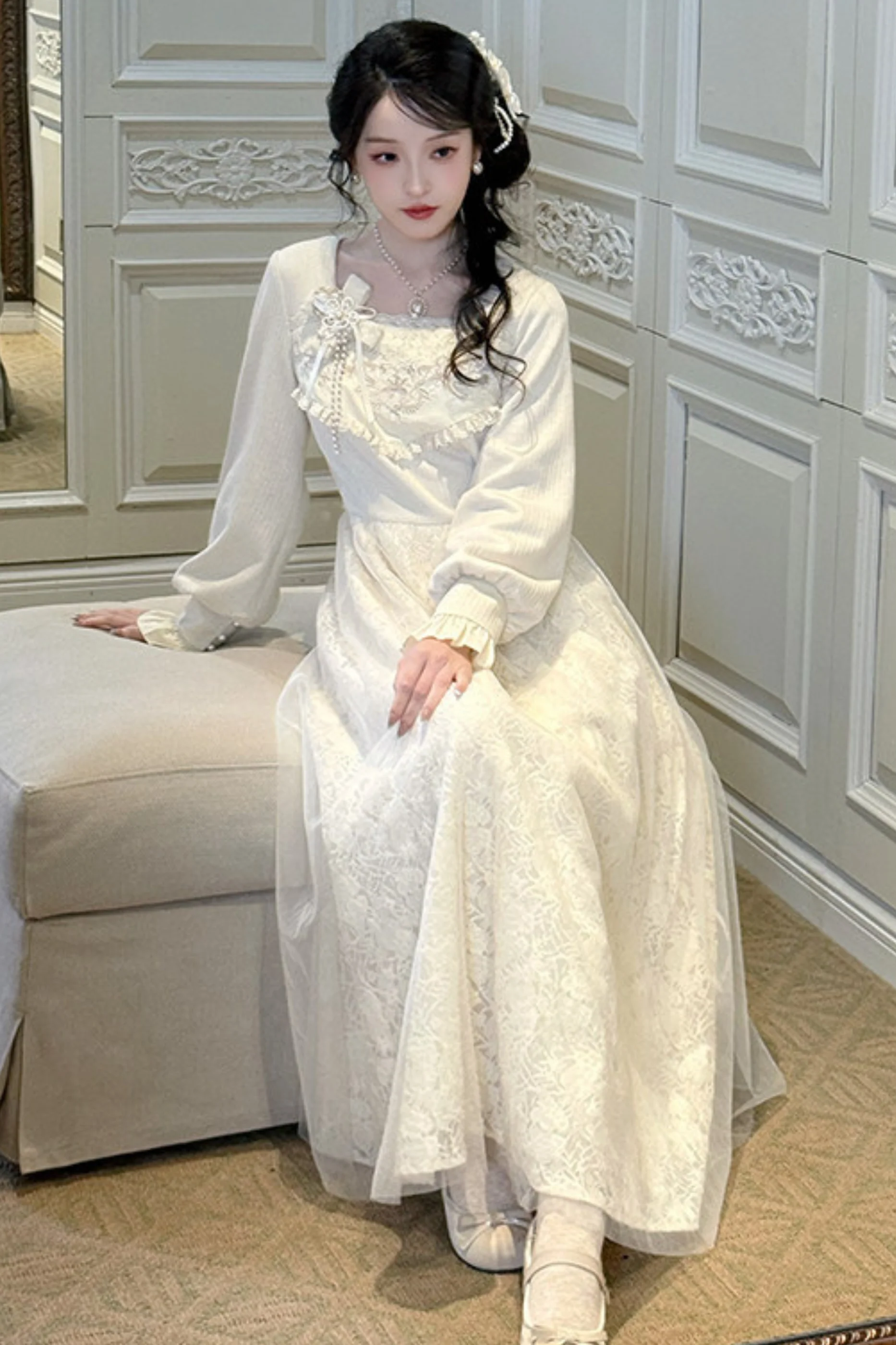 Pure White Square Neck Dress - Image 4