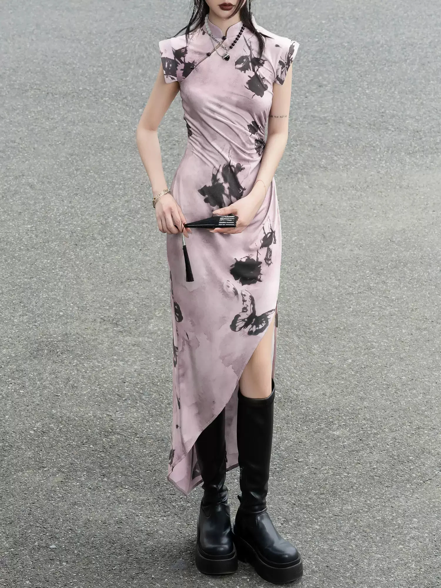Purple Butterfly Knitted Cheongsam Dress - Image 2