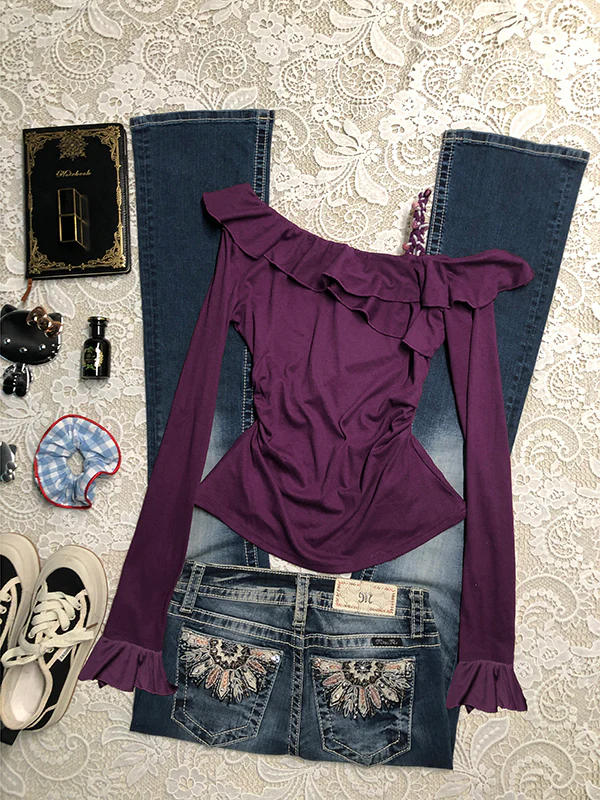 purple off-shoulder pleated long-sleeved Top - Image 2