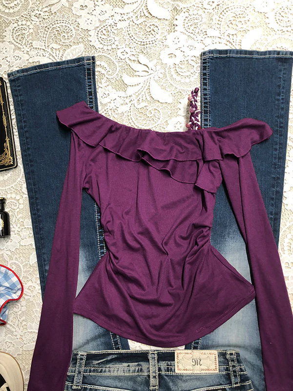purple off-shoulder pleated long-sleeved Top - Image 3
