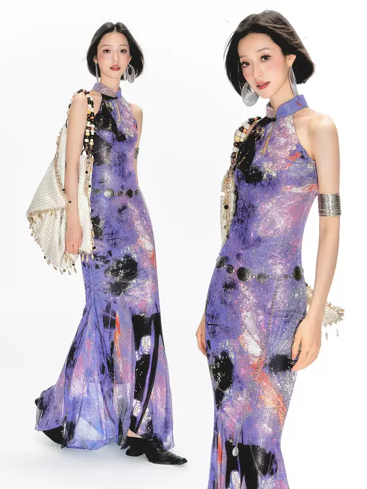 Purple Printed Halter Neck Cheongsam Dress