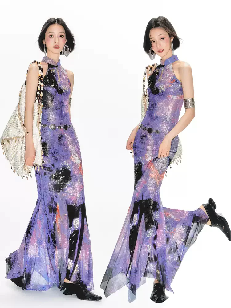 Purple Printed Halter Neck Cheongsam Dress - Image 2