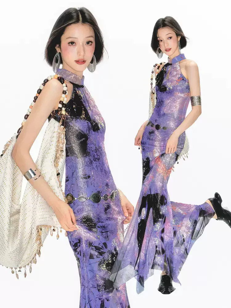 Purple Printed Halter Neck Cheongsam Dress - Image 3