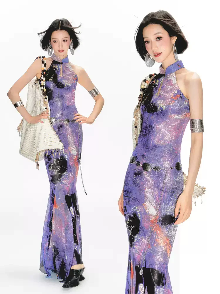 Purple Printed Halter Neck Cheongsam Dress - Image 4