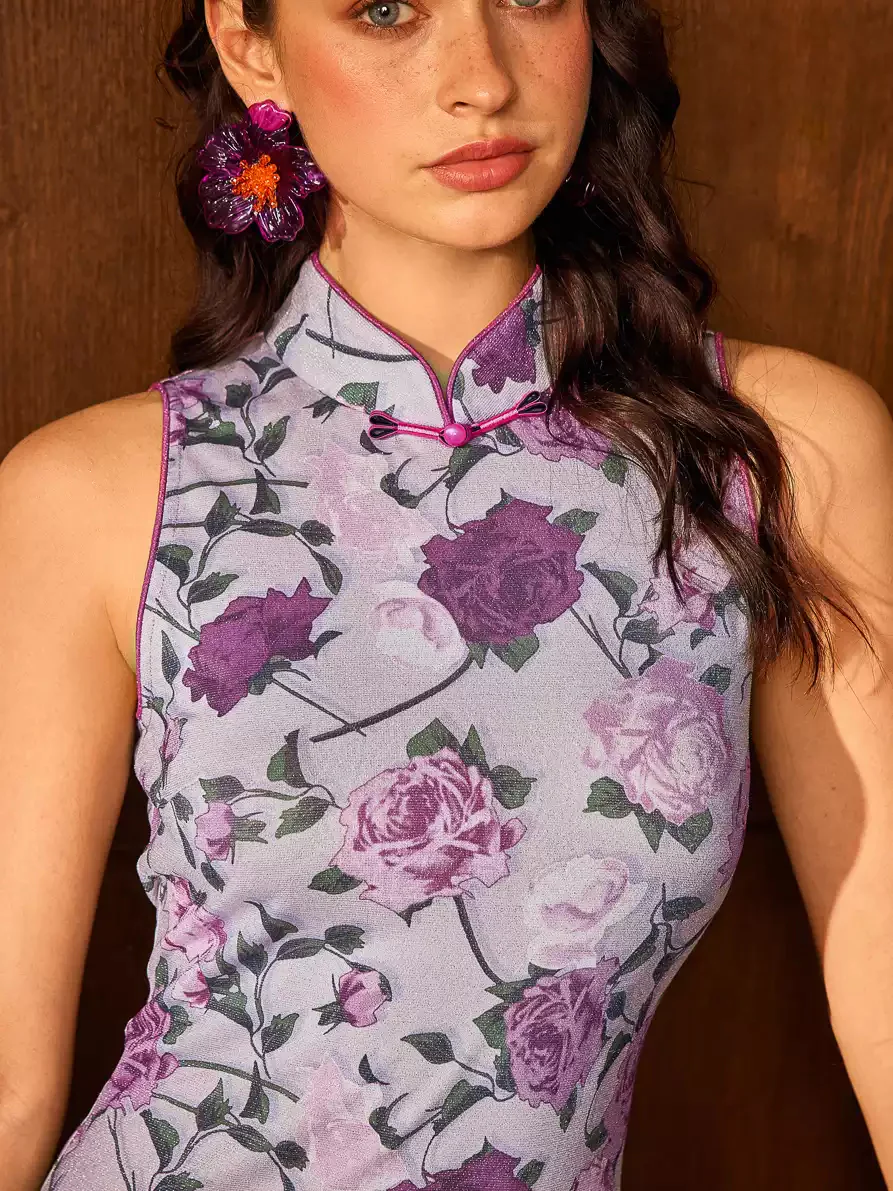 Purple Rose Cheongsam Dress - Image 4