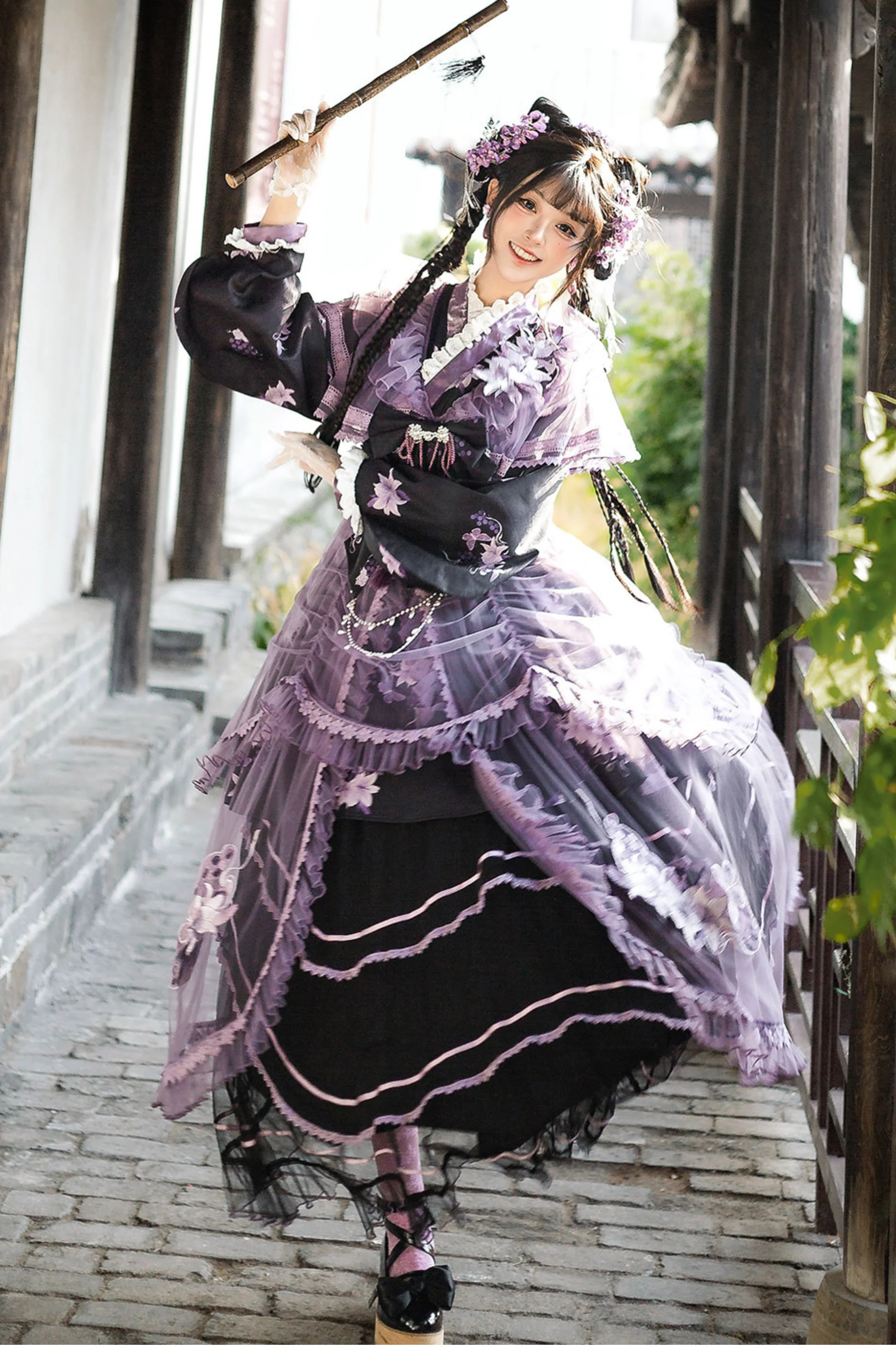 Purple Silk Cross Collar Dress - Image 3
