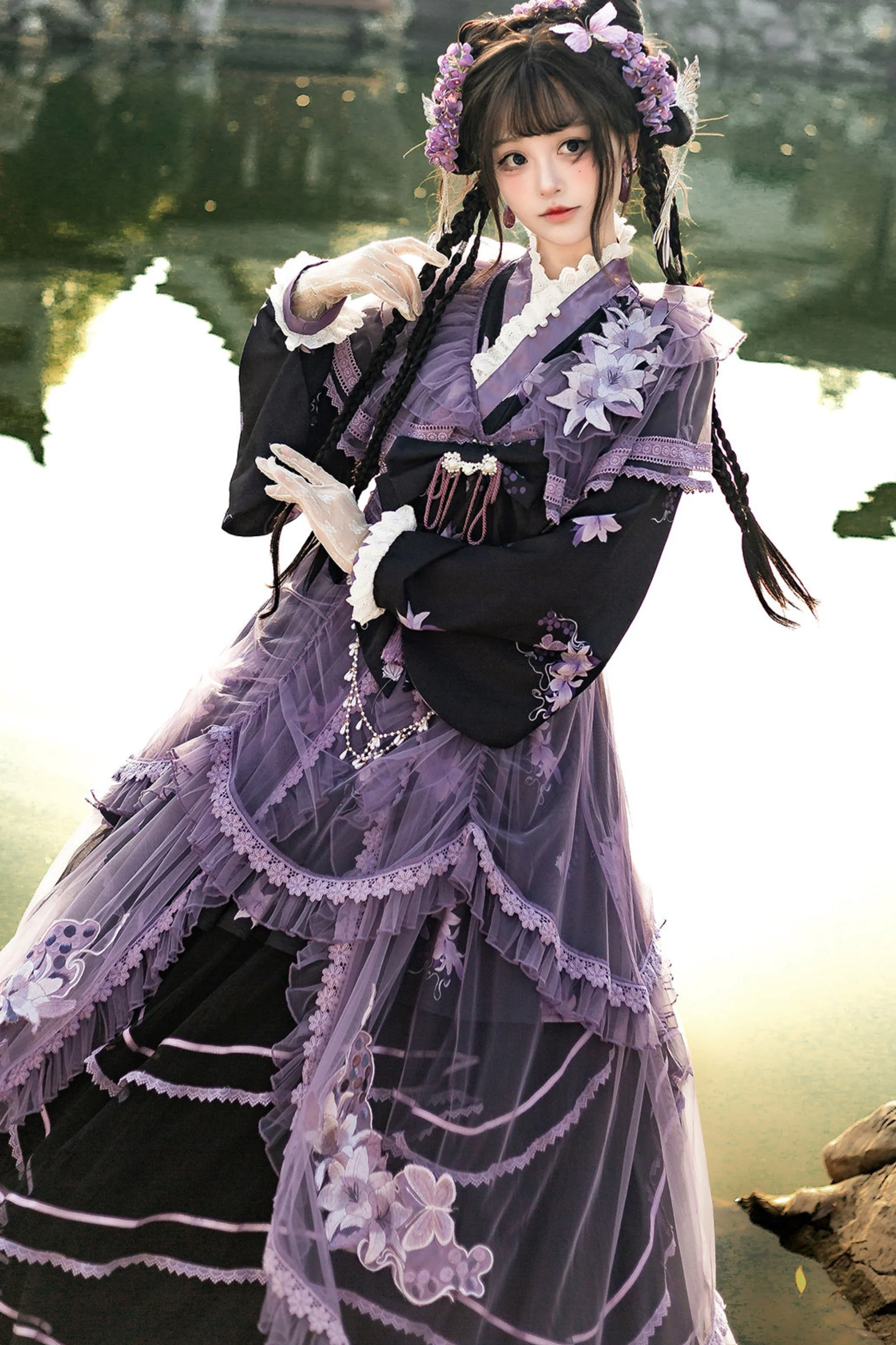 Purple Silk Cross Collar Dress - Image 11