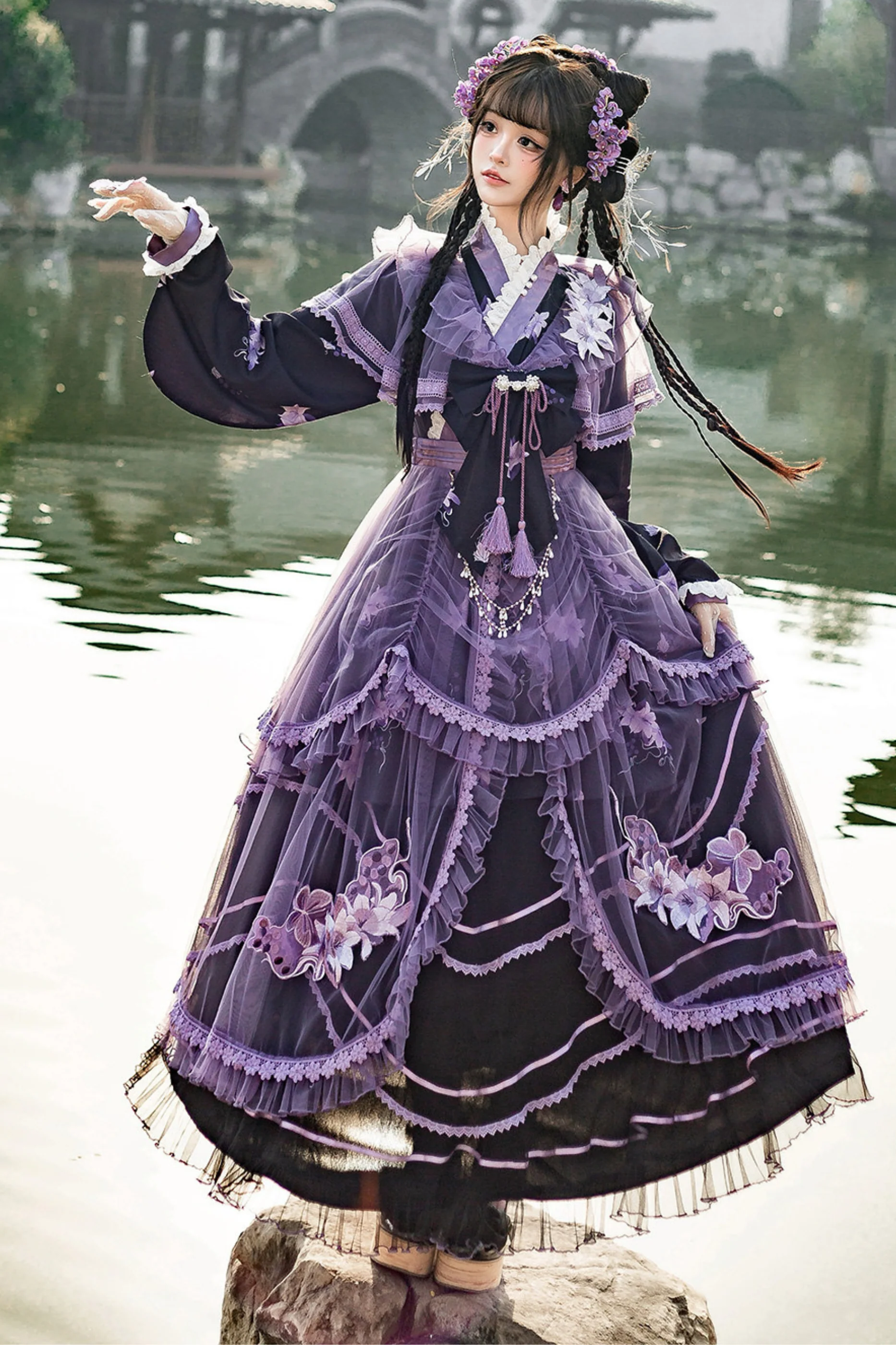 Purple Silk Cross Collar Dress - Image 2