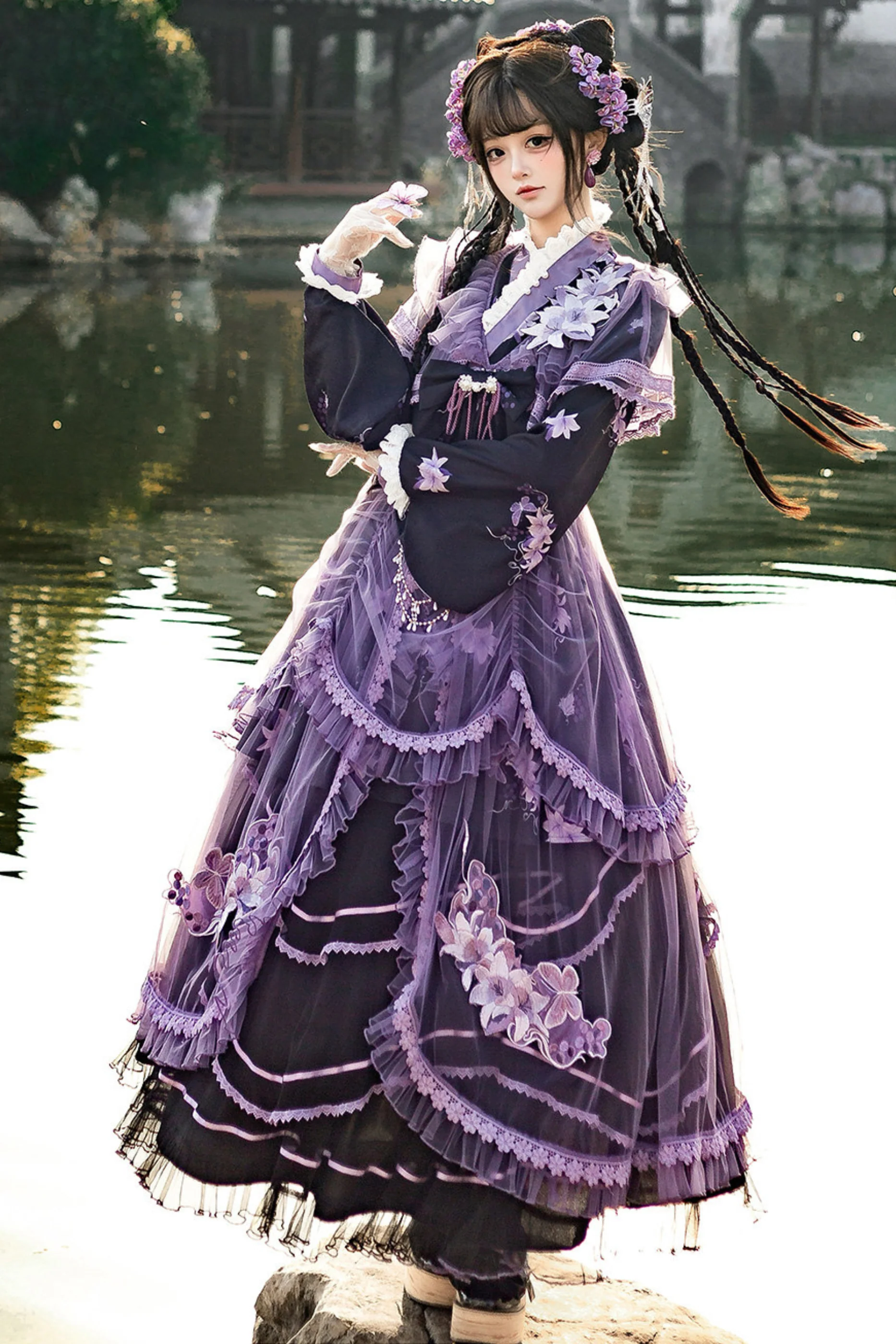 Purple Silk Cross Collar Dress - Image 4