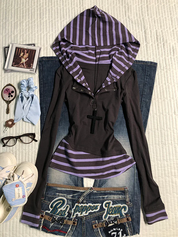 purple striped fake two-piece long-sleeved Top