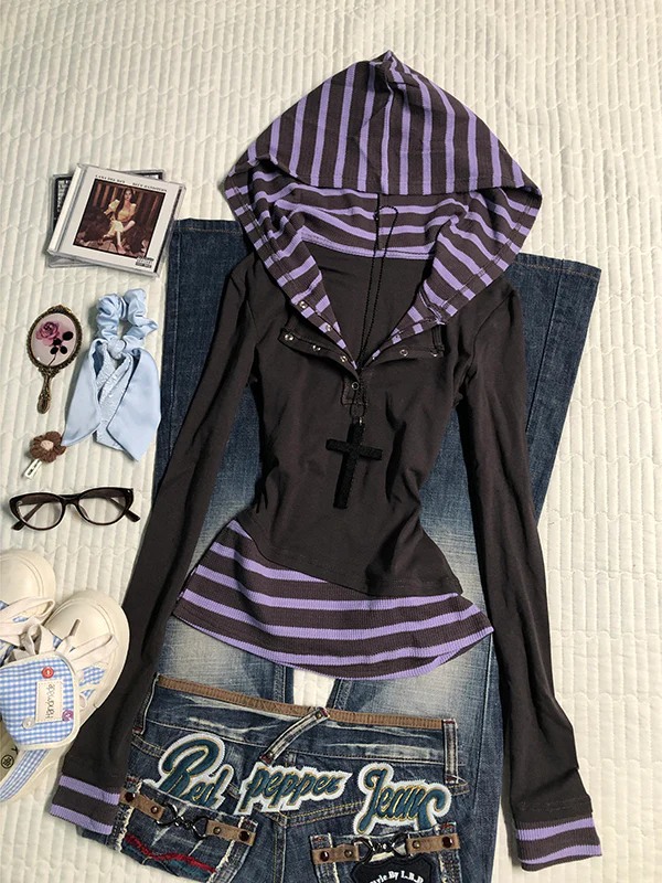 purple striped fake two-piece long-sleeved Top - Image 2
