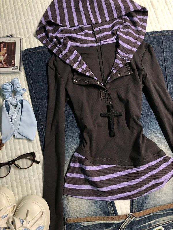 purple striped fake two-piece long-sleeved Top - Image 3