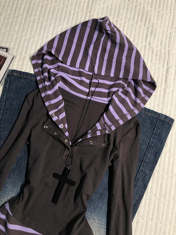 purple striped fake two-piece long-sleeved Top - Image 4
