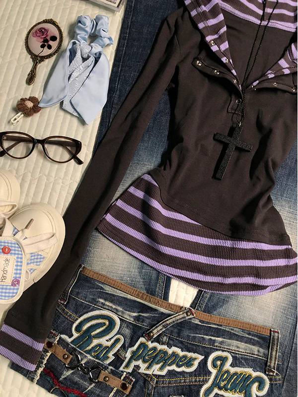 purple striped fake two-piece long-sleeved Top - Image 5