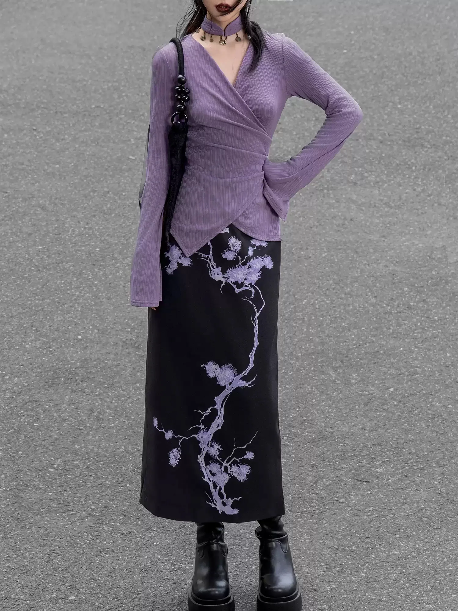 Purple Wrap Knitted Long-sleeved Top