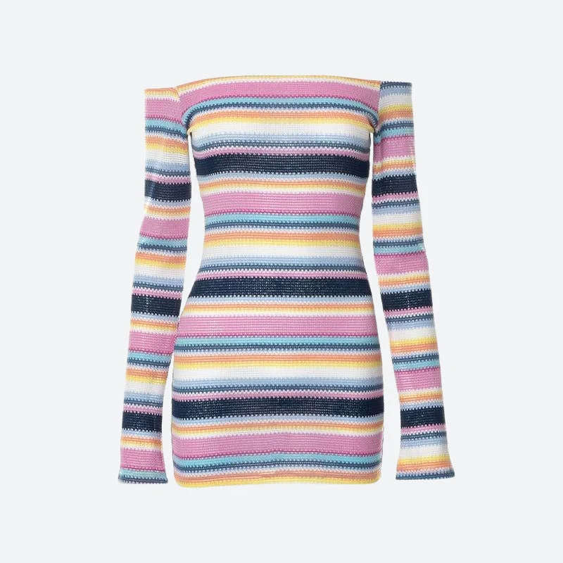Rainbow Off Shoulder Knitted Mini Dress - Image 3