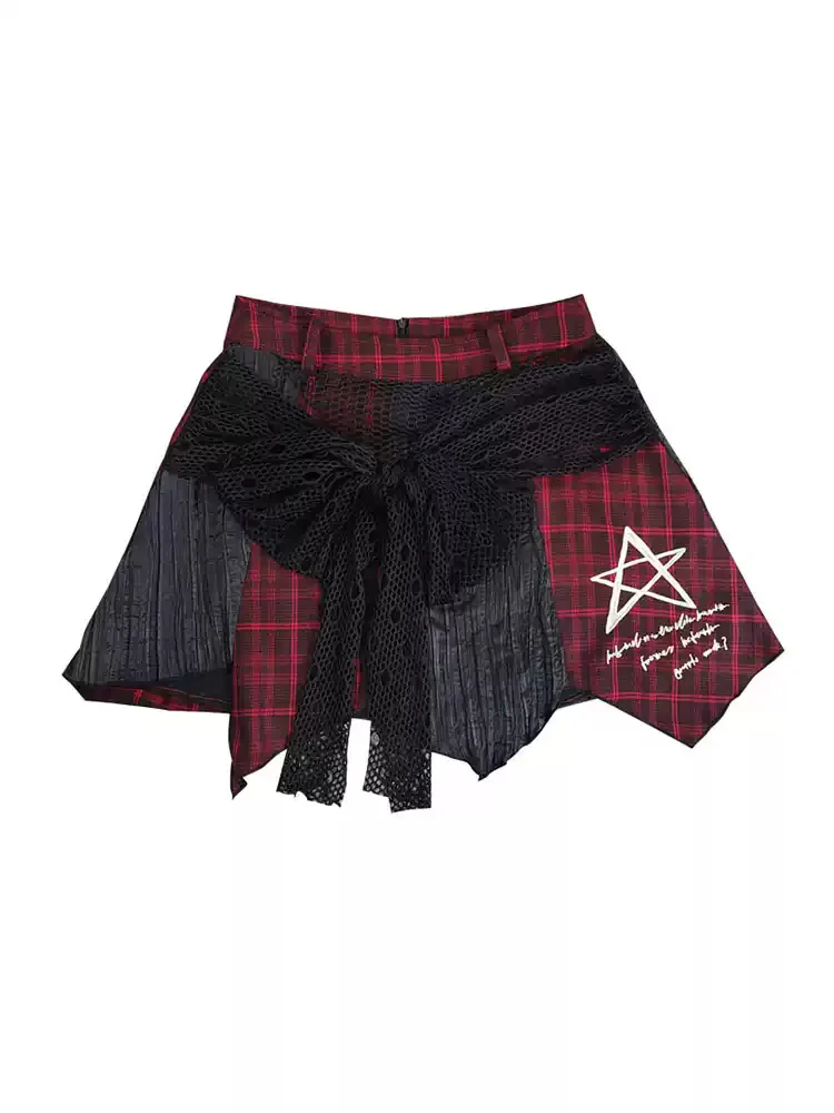 Red and black spliced irregular plaid skirt - Image 5