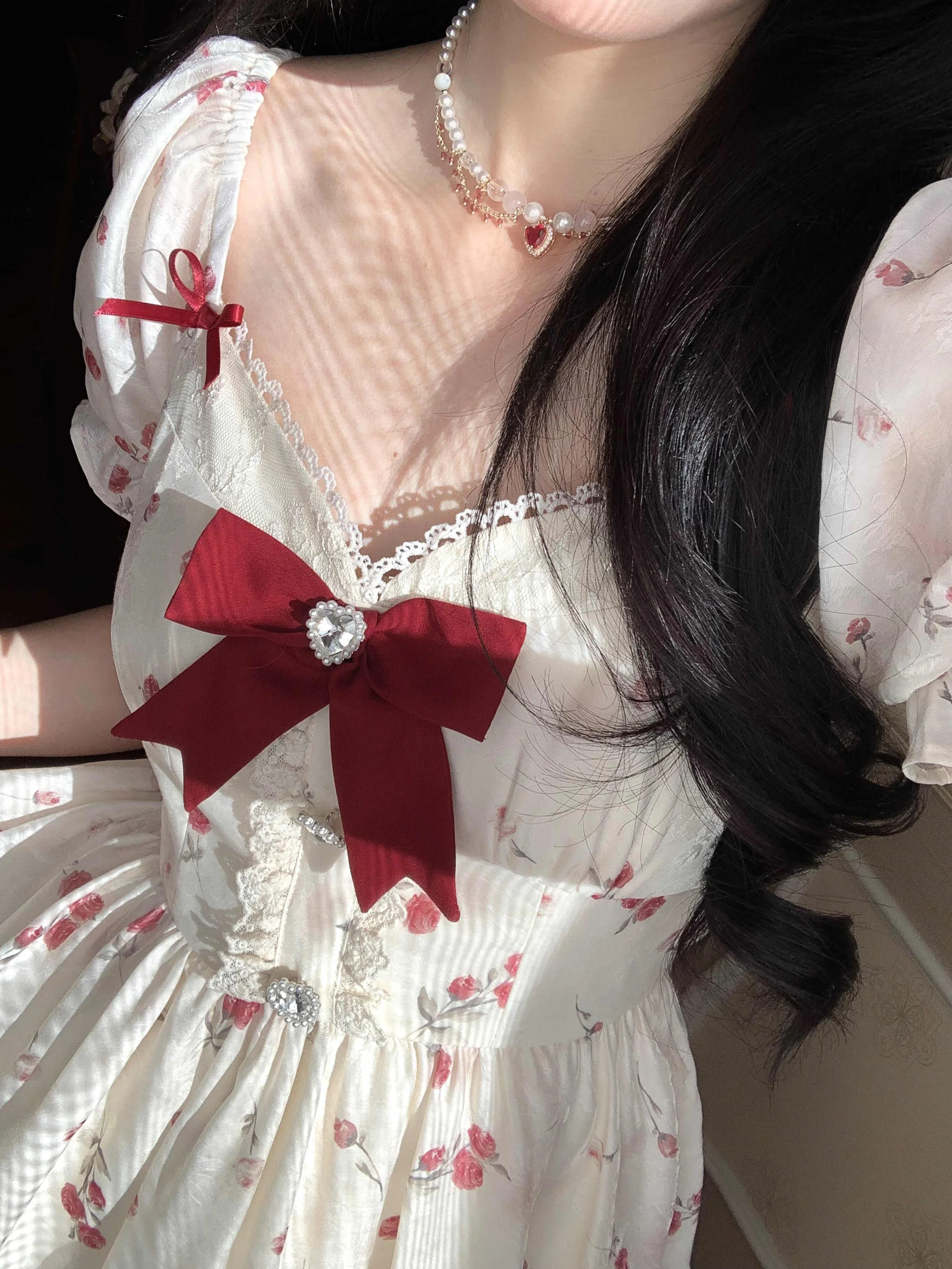 Red Bow Floral Lace Dress - Image 2