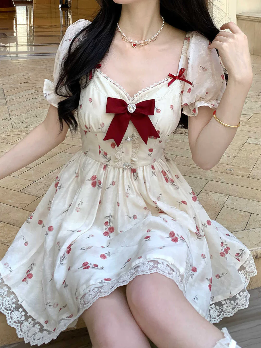 Red Bow Floral Lace Dress - Image 3