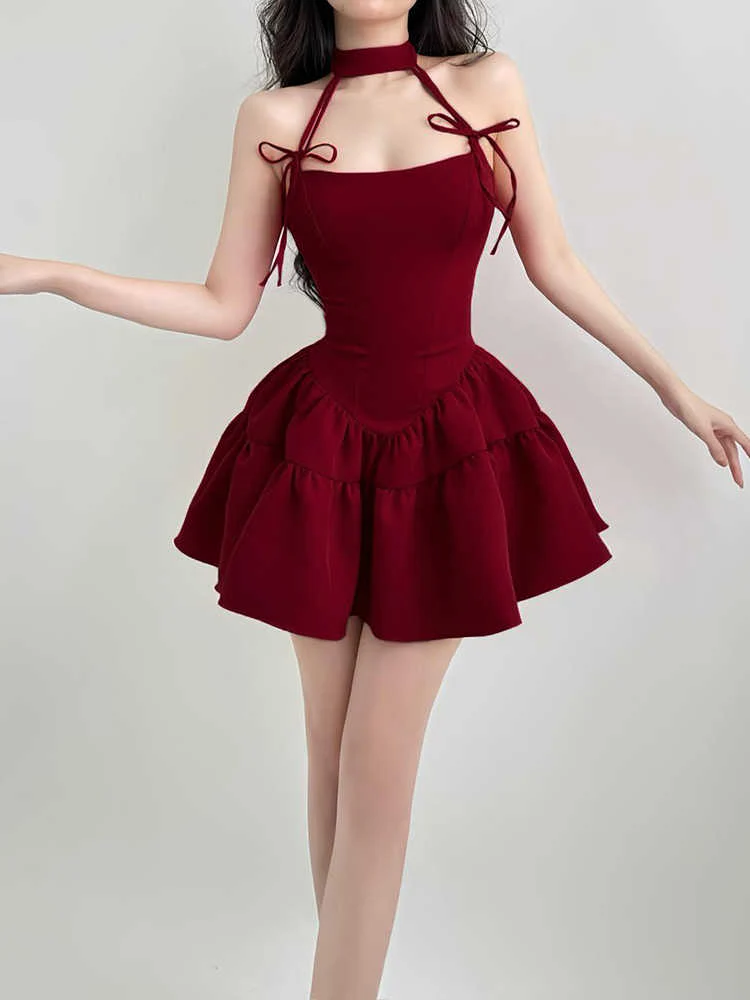 Red Bow Halter Neck Dark Coquette Dress - Image 2
