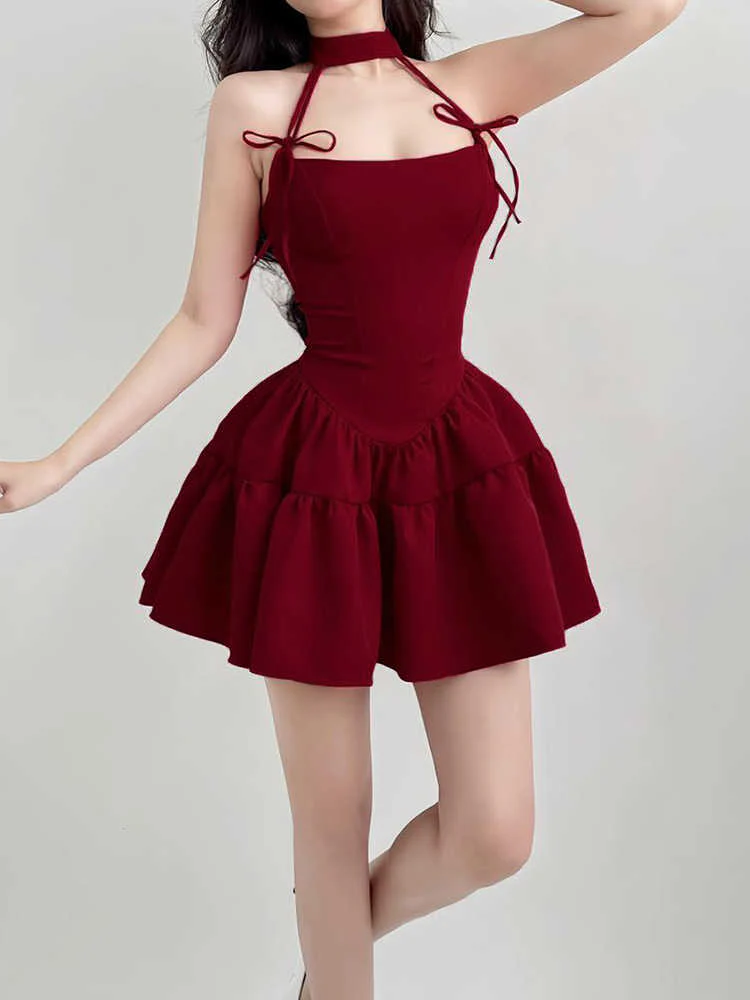 Red Bow Halter Neck Dark Coquette Dress - Image 3
