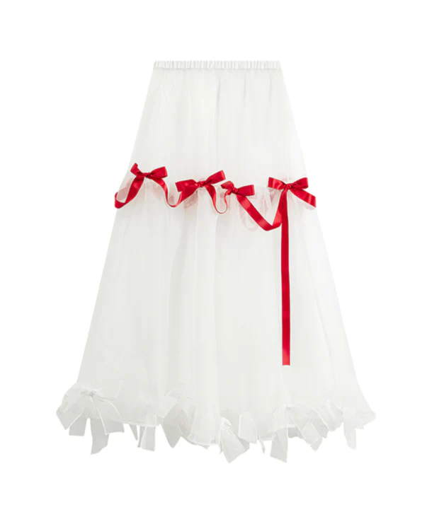 Red Bow Mesh Coquette Maxi Skirt